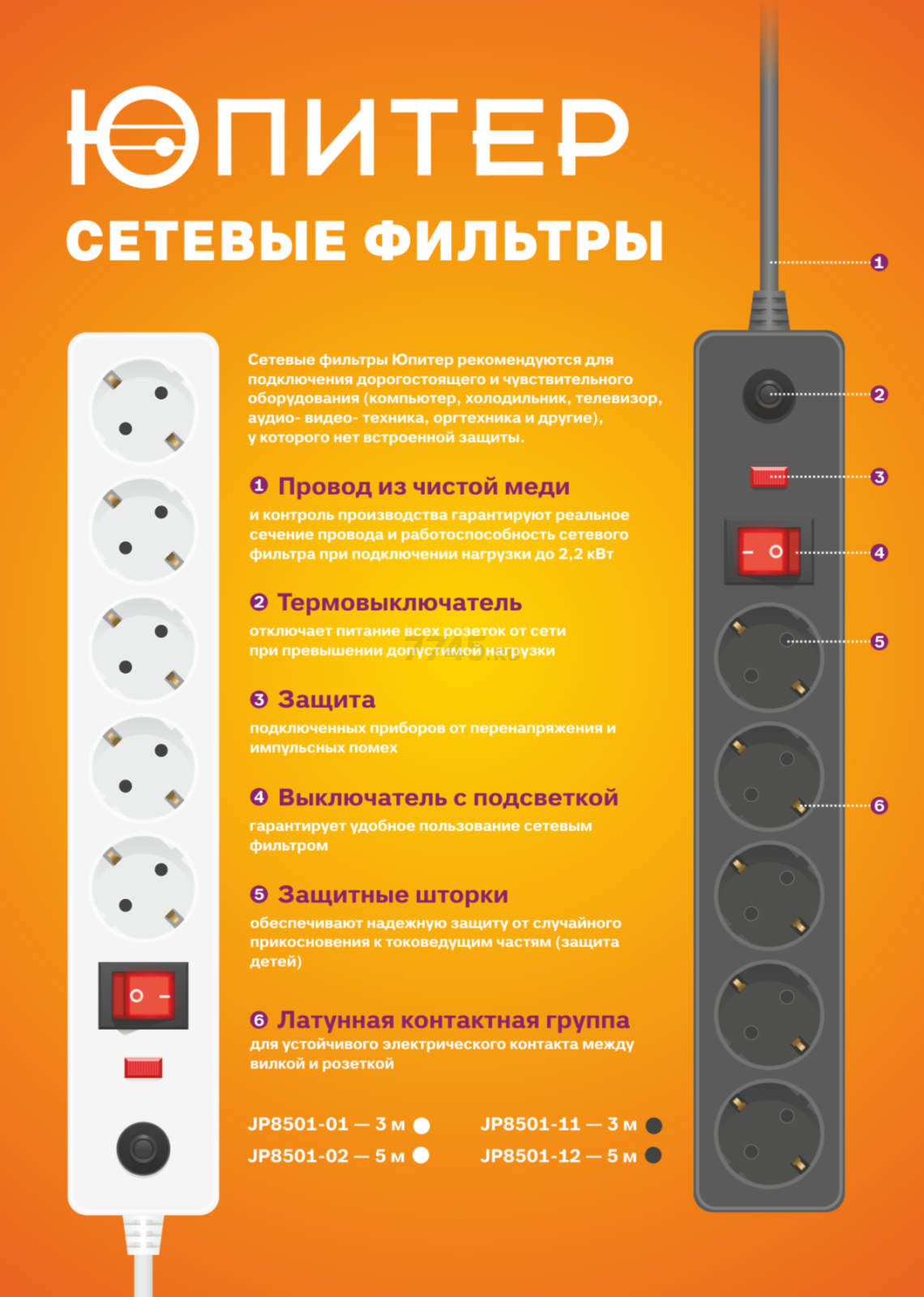 Сетевой фильтр 5 м 5 розеток 2,2 кВт белый ЮПИТЕР (JP8501-02) - Фото 9