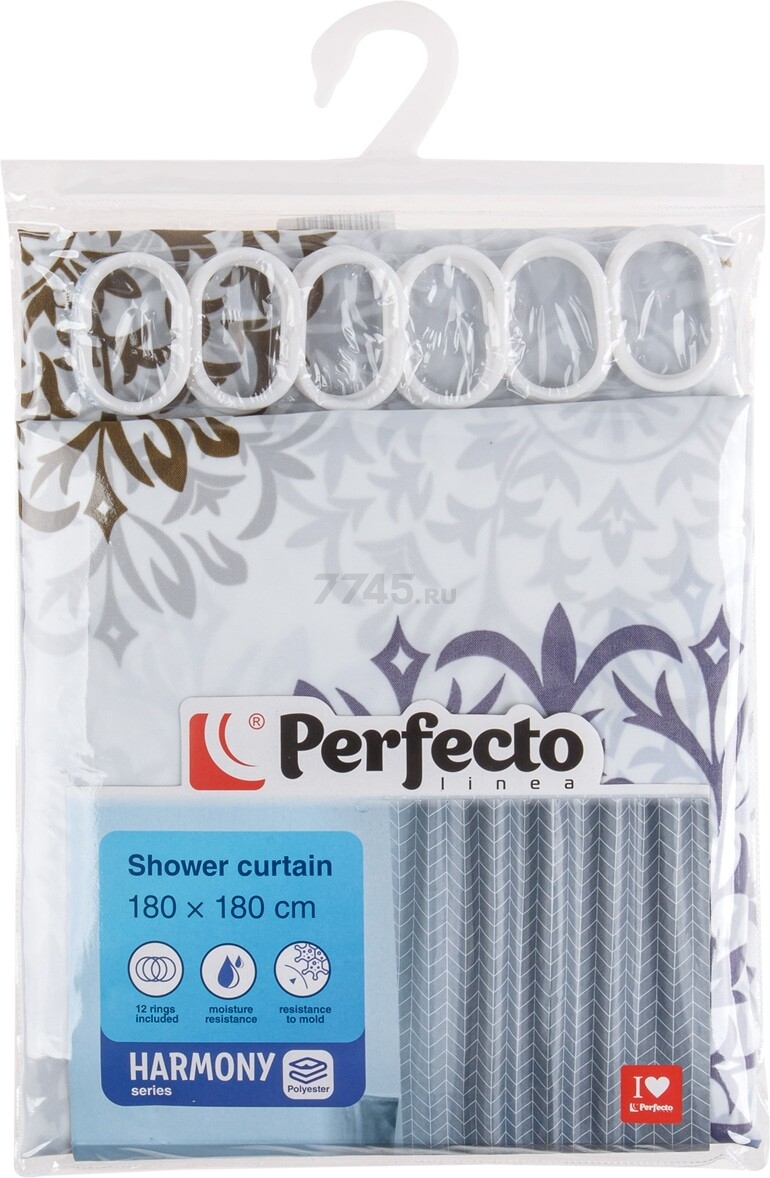 Штора для ванной комнаты 180х180 с кольцами PERFECTO LINEA Harmony блики (36-118017) - Фото 3