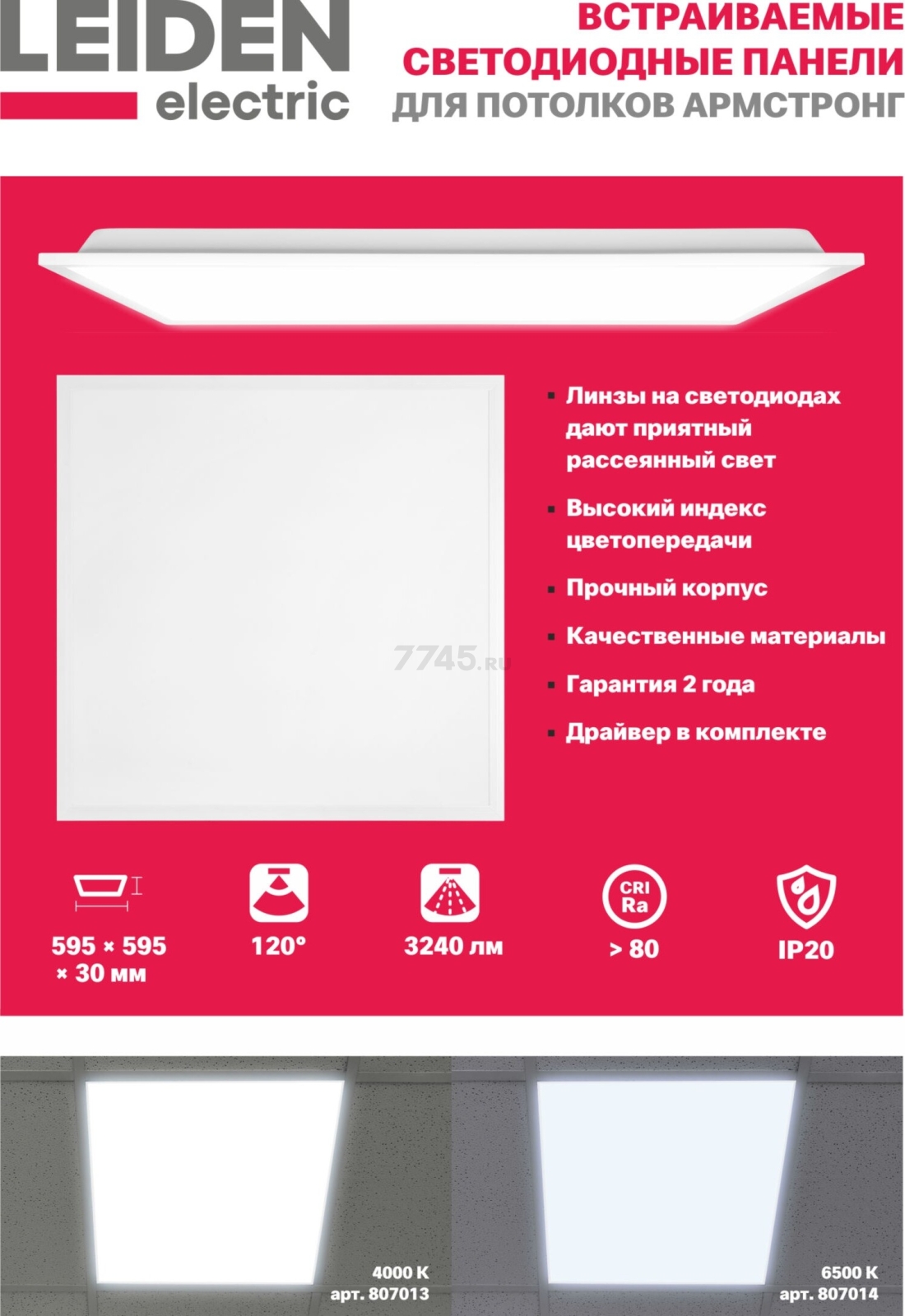 Панель светодиодная 36 Вт 6500К LEIDEN ELECTRIC LPRS (807014) - Фото 4