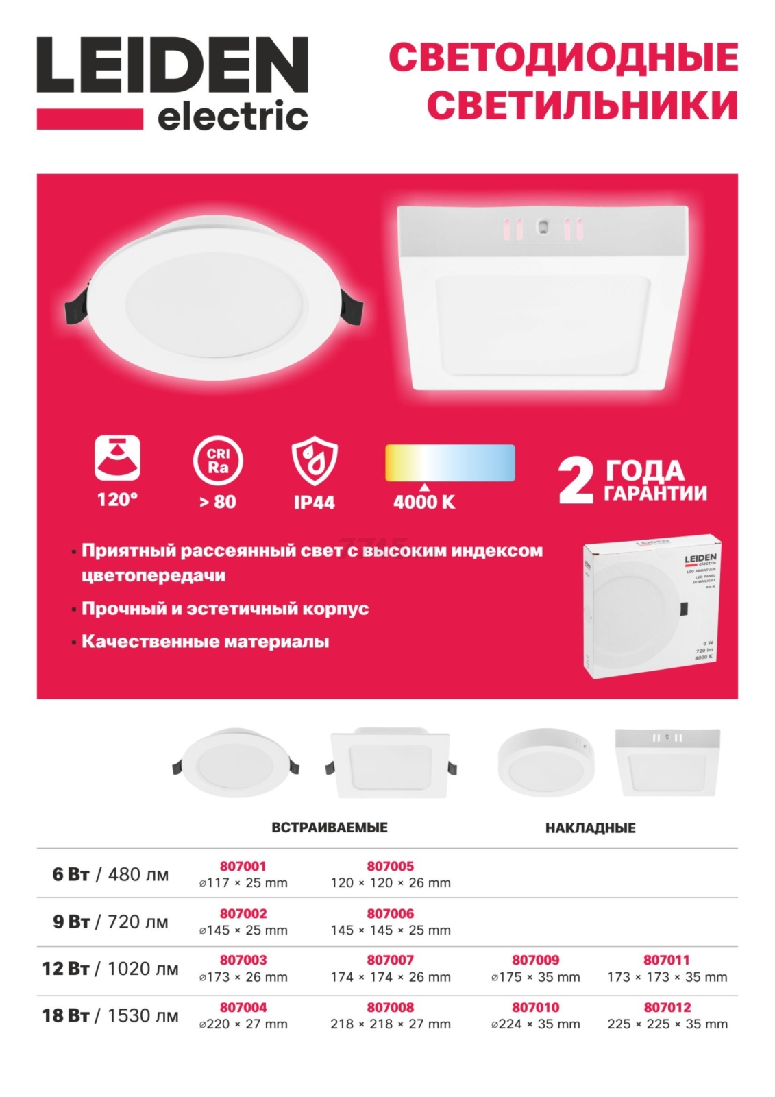 Светильник встраиваемый светодиодный 12 Вт 4000К LEIDEN ELECTRIC RS-R (807003) - Фото 6