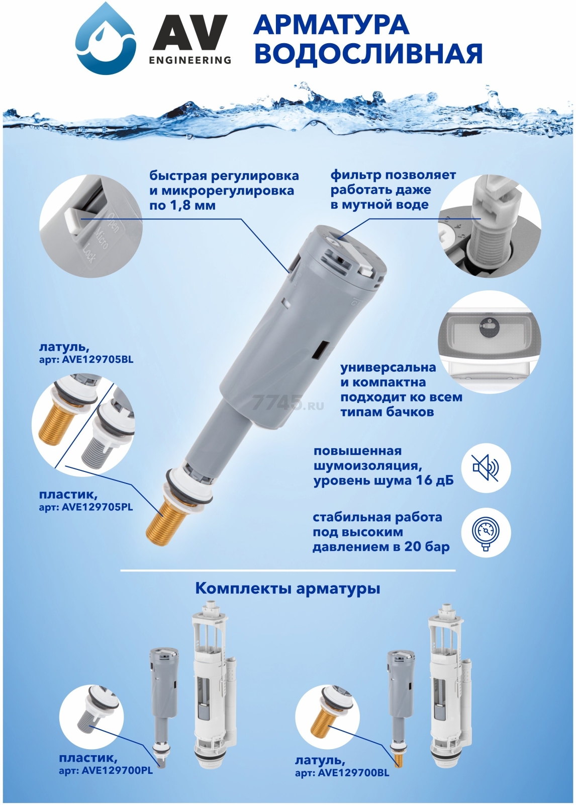 Сливная арматура для унитаза AV ENGINEERING (AVE129700BL) - Фото 14