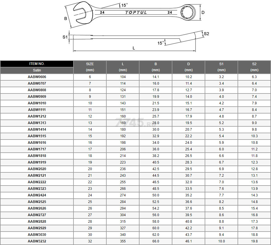 Ключ комбинированный 7 мм 15° Pro-Line TOPTUL (AABW0707) - Фото 2