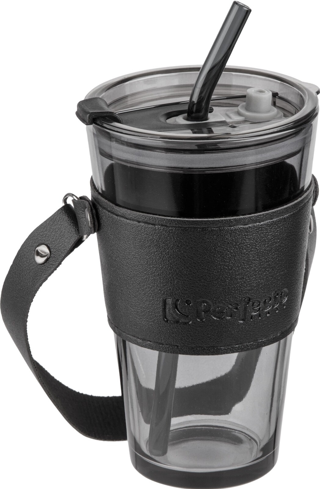 Стакан стеклянный для напитков с трубочкой, капхолдером и ремешком PERFECTO LINEA Smoke Grey 450 мл (31-450101) - Фото 4