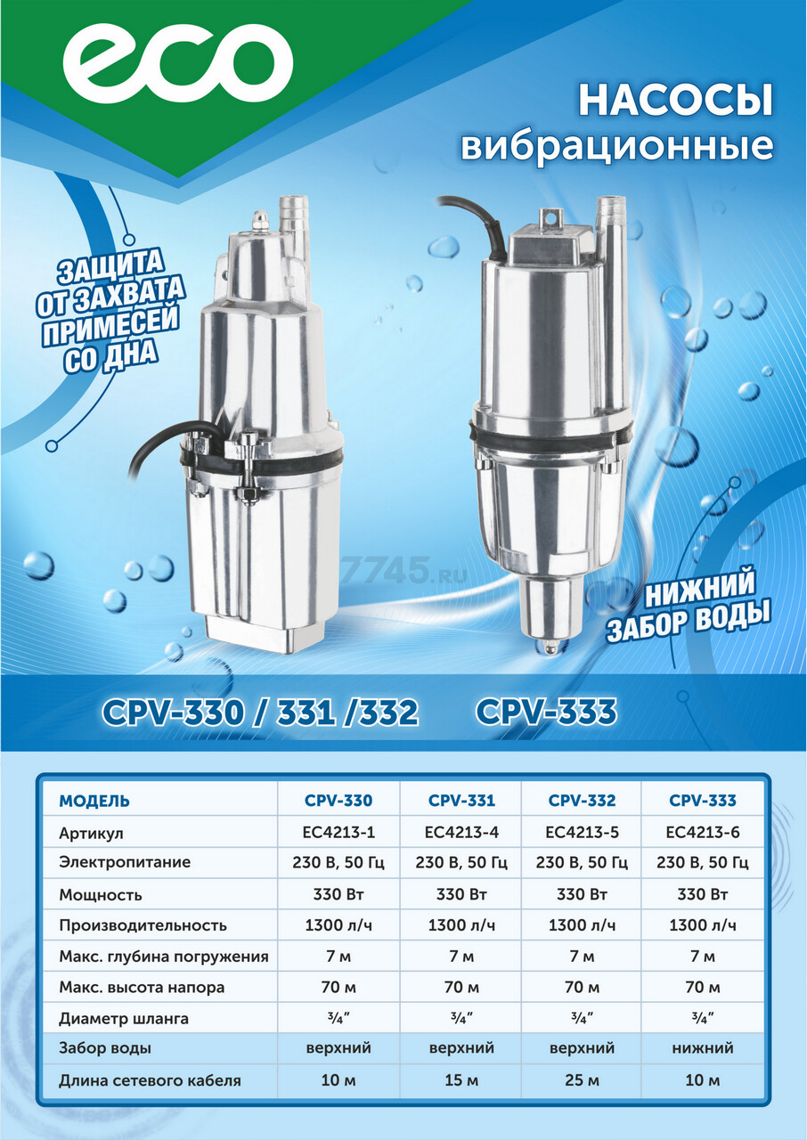 Насос вибрационный садовый ECO CPV-309 нижний забор - Фото 2