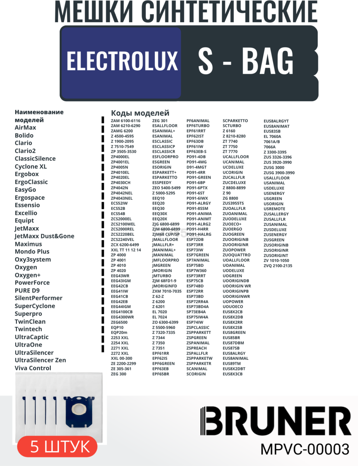 Мешок для пылесоса BRUNER для Philips, Electrolux, Aeg  тип S-BAG 5 штук (MPVC-00003) - Фото 5