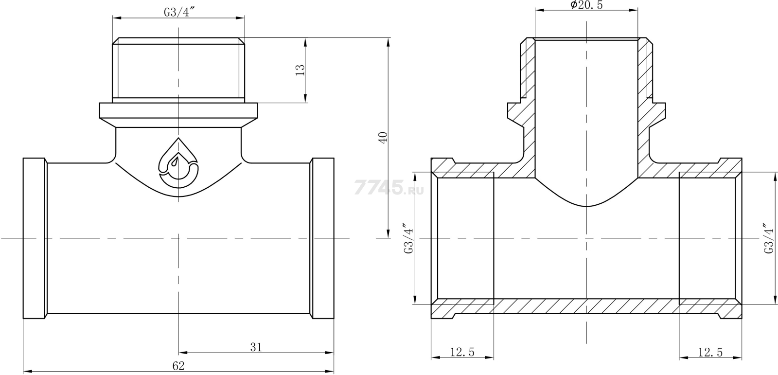 Тройник латунный 3/4" с внутренней резьбой AV ENGINEERING (AVE306010) - Фото 2