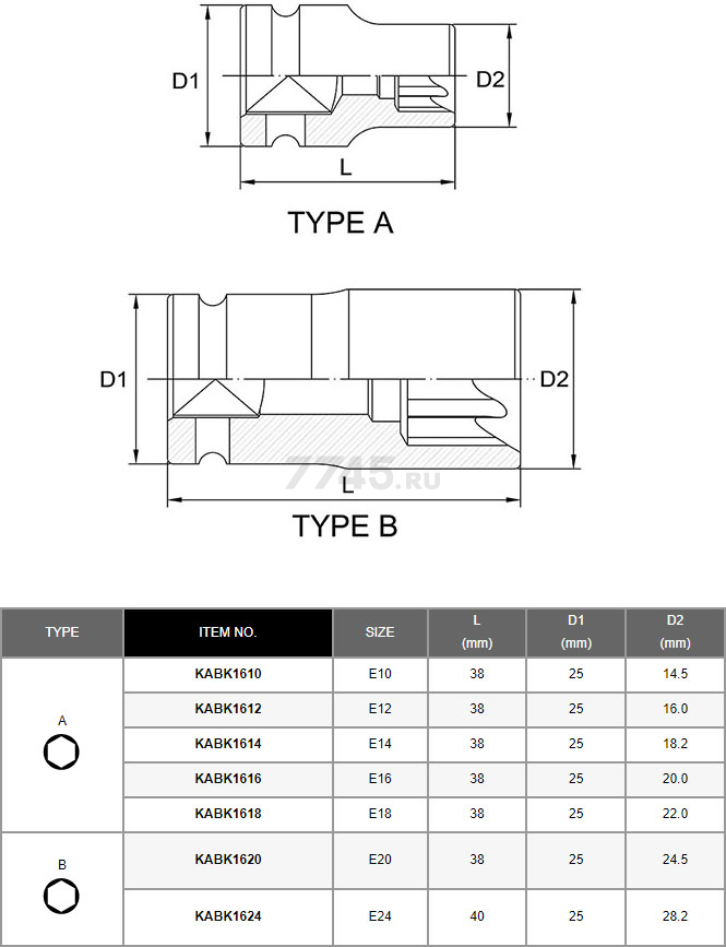 Головка ударная "звездочка" 1/2" Е16 TOPTUL (KABK1616) - Фото 2