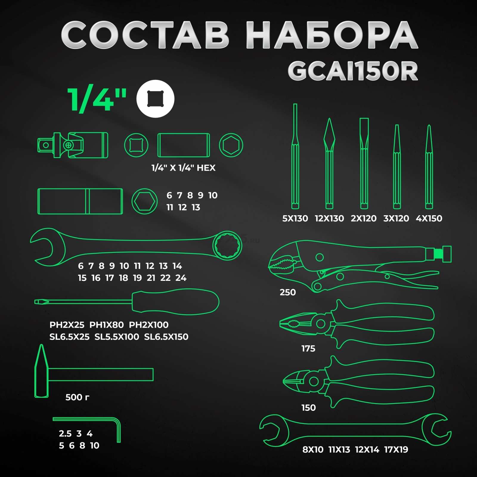 Набор инструментов 1/4", 1/2" 6 граней 150 предметов TOPTUL (GCAI150R) - Фото 4