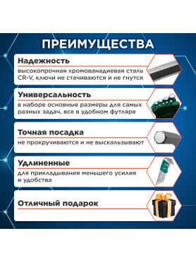 Набор ключей шестигранных 1,5-10 мм 9 предметов длинных ВОЛАТ 